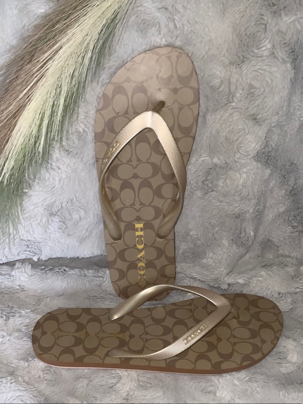 Coach Gold Logo-Print Flip Flop Sandals